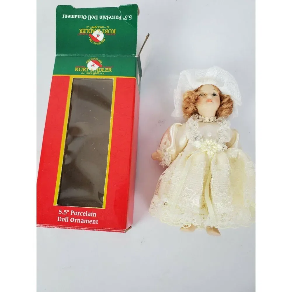 Vintage Kurt S‎ Adler Miniature Porcelain Doll Ornament Brown Hair Lace Dress